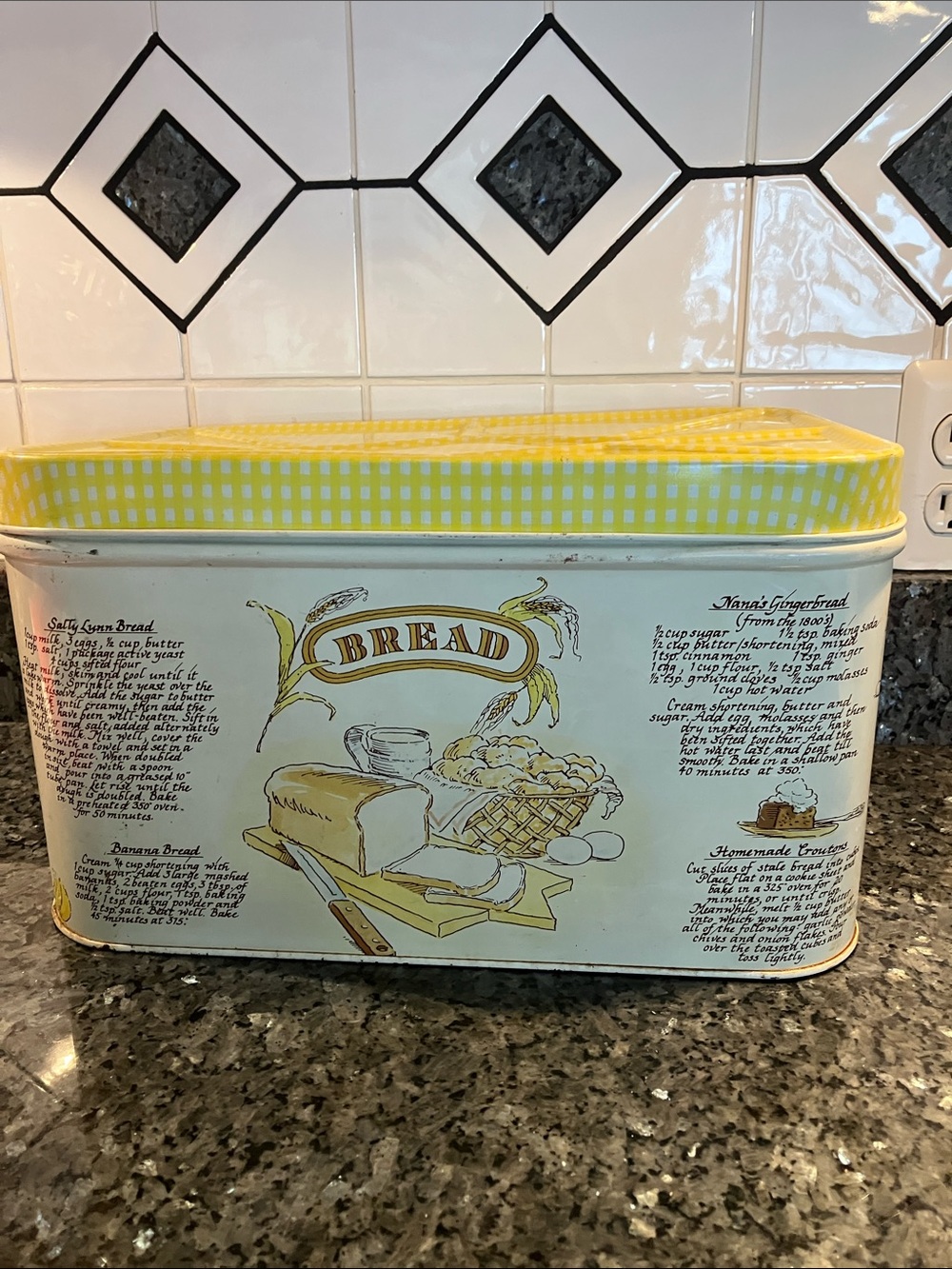 Vintage- MCM Yellow Metal Bread Box with Recipe Artwork